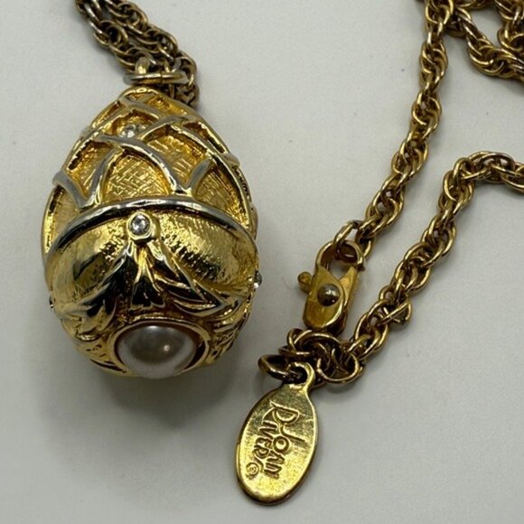 Joan Rivers Gold-Tone Egg Pendant Necklace W/ Faux Pearl & Rhinestones 29" Chain - Picture 12 of 12